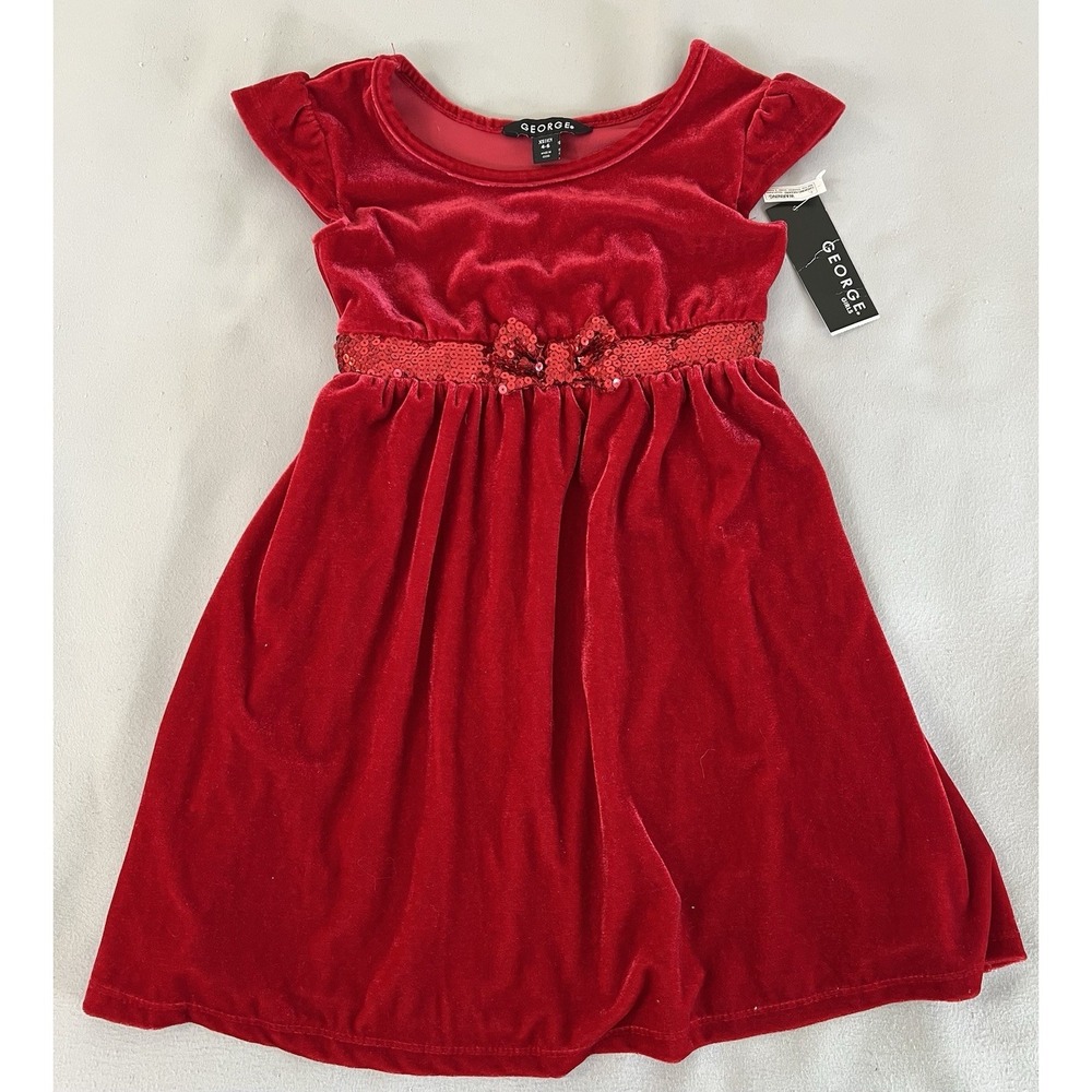 Girls'‎ Sequin Velour Cap Sleeve Red Dress with Front Bow Belt Size XS 4-5 New